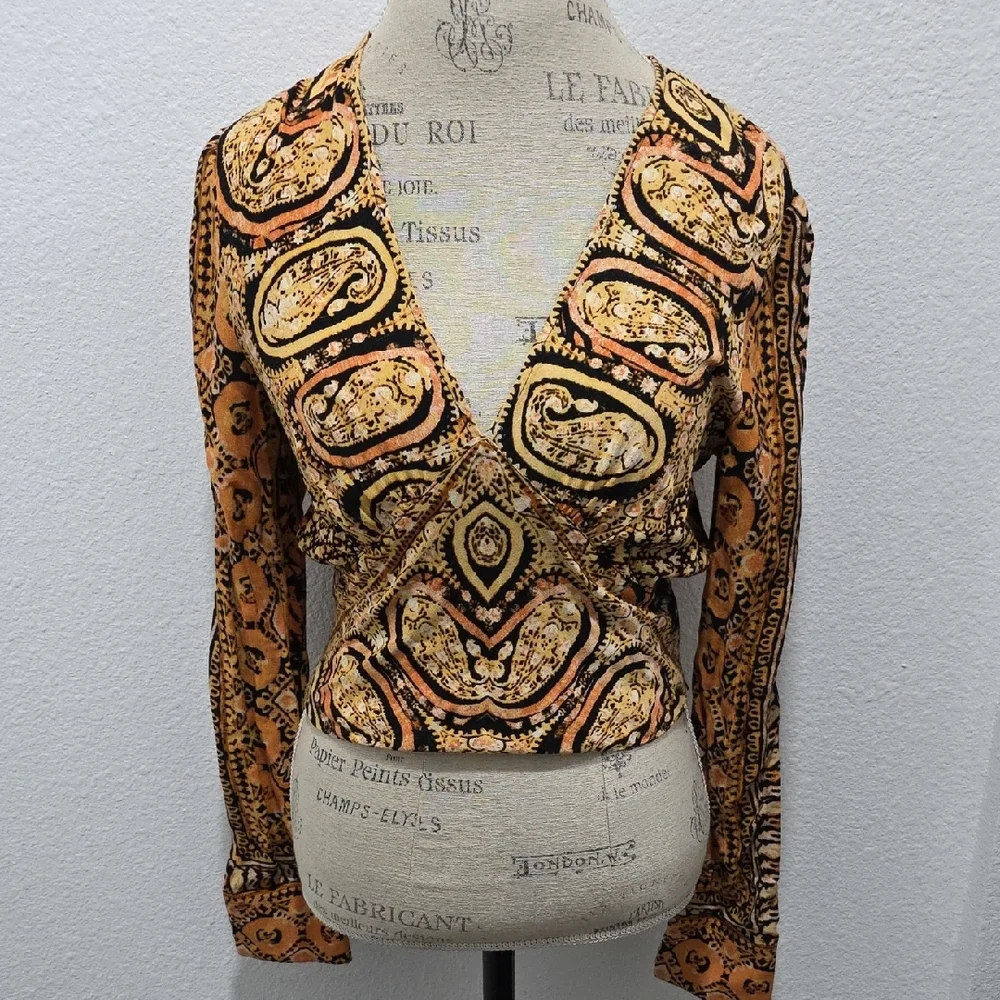 Free People Bohemian V-Neck Blouse in Black and Tan - Picture 3 of 4